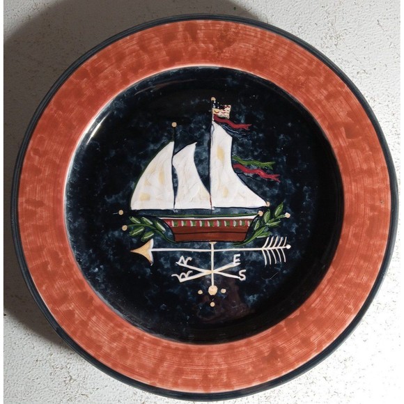 JPC Home Collection Large Serving/Cake Plate 13"Susan Winget Compass Sailboat - Picture 4 of 6